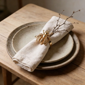 Eleganter goldener Bienen Serviettenring auf Leinenserviette mit Vintage Keramikgeschirr