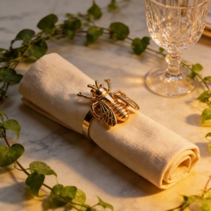 Eleganter goldener Bienen-Serviettenring aus Metall auf einem Marmortisch mit Serviette