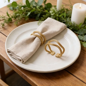 Elastic golden mesh napkin rings with woven texture on a minimalist dining table setup