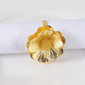 Elegant gold metal flower napkin ring with layered petals for hotel table decoration