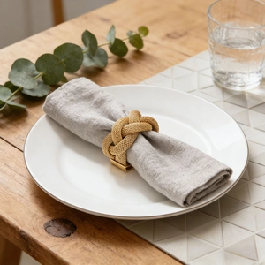Elegant gold metal mesh napkin ring with woven cross design on white dinner plate