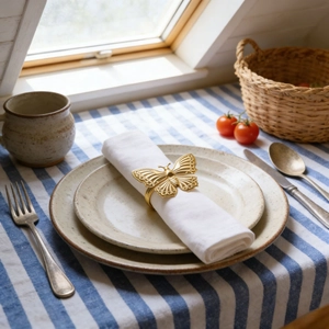 Detailed close-up of a golden double-layered butterfly napkin ring on a white cloth napkin