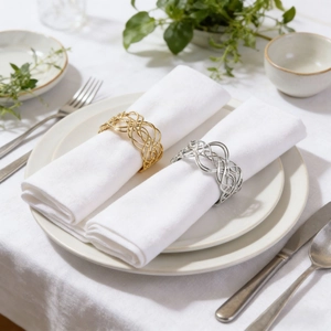 Elegant gold and silver woven metal napkin rings set for luxury table decoration