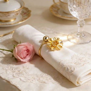Detailed view of a gold floral napkin ring with a daisy motif on a white linen napkin