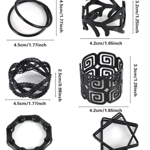 Juego de seis servilleteros de metal tejido negro con varios diseños geométricos