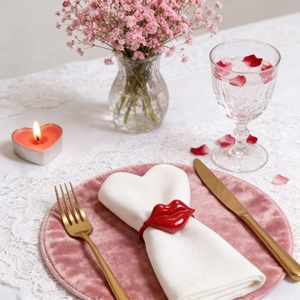 Vibrant red lip shaped zinc alloy napkin ring displayed on a romantic dinner table