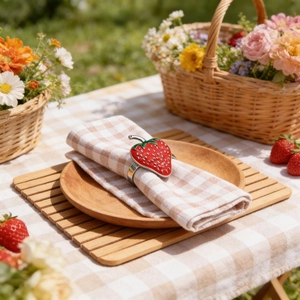 Erdbeere Serviettenring aus Metall mit rotem Emaille-Finish auf karierter Serviette