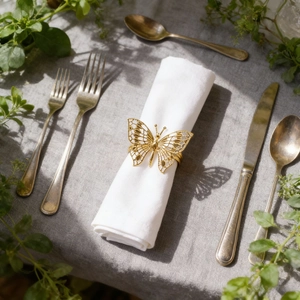 Eleganter goldener Serviettenring mit Schmetterling-Design auf feinem Leinentuch