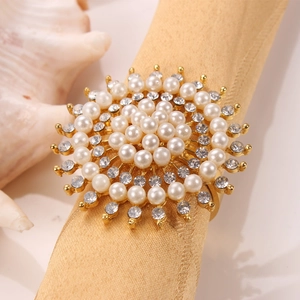 Golden Sunflower Napkin Rings Alloy Artificial Pearl Rhinestone Napkin Holder For Wedding Banquet Elegant Table Decoration