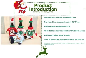 Detail of four knitted Christmas wine bottle covers with snowman, tree, JOY, and reindeer
