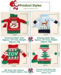 Detailed views of four festive knitted Christmas wine bottle sweaters with dimensions