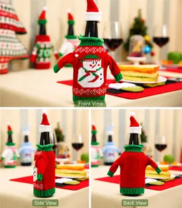 Detailed views of red knitted snowman Christmas wine bottle sweater with mini hat