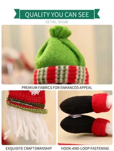 Detail of Christmas wine bottle cover showing festive hat, scarf and velcro fastener