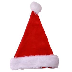 Classic red plush Santa hat with thick white faux fur trim and pom-pom on white background