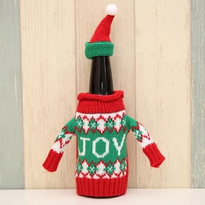 Housse de bouteille de Noël avec pull en tricot rouge motif JOY et chapeau assorti inclus