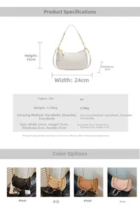 Detailed dimension chart and four color options for the stylish woven texture crescent bag