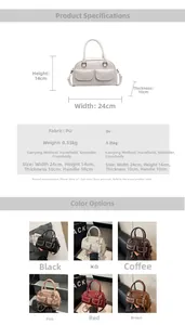 Detailed size chart and multi-color specifications for PU leather bowling handbags
