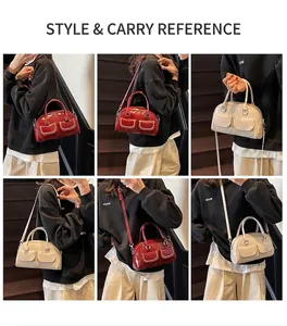 Model wearing retro bowling handbag in bright red and cream showing multiple carrying styles