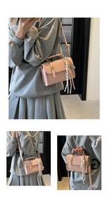 Pink PU leather crossbody bag with striped scarf detail shown in multiple carry styles