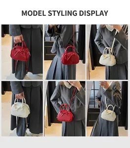 Detailed views of mini bow handbags in red and cream showing crossbody and tote styles