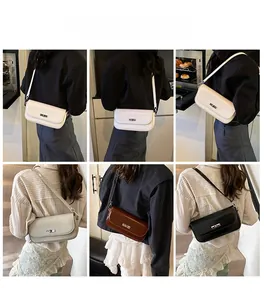Detailed views of retro baguette shoulder bags in beige, brown, black, and grey colors