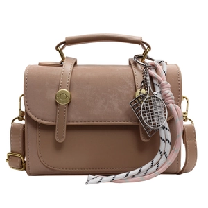 Retro khaki frosted crossbody bag with tennis racket charm and decorative rope strap