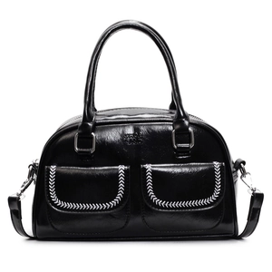 Glossy black top handle pillow bag with white contrast stitching and dual front pockets