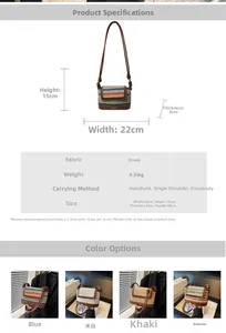 Detailed size specifications and color options for the handmade woven straw crossbody bag