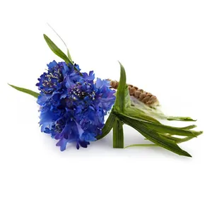 Detail of a blue silk rose napkin ring with green leaves and a woven jute cord base