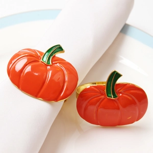 Orange pumpkin napkin rings with gold finish for Halloween table decoration, set of 2
