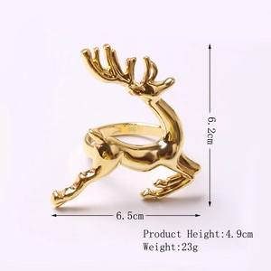 Detailed view of a golden elk napkin ring with size measurements for Christmas decor