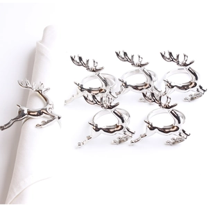 Set of six polished silver reindeer napkin rings in a running pose for Christmas tables
