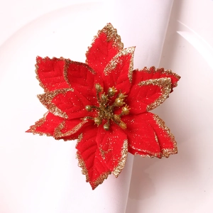 Ronds De Serviette De Poinsettia De Noël Fleur En Velours Rouge Avec Paillettes Dorées Pour Décoration De Table De Fêtes Ambiance Festive Élégante