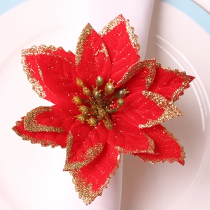 Rond de serviette de Noël avec poinsettia en velours rouge et paillettes dorées festives