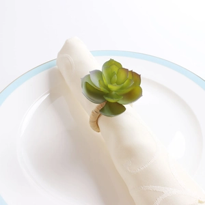 Pastoral style succulent napkin ring with green purple leaves and woven rope base