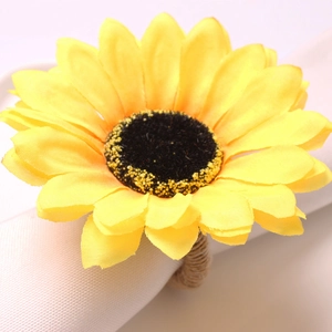 Artificial sunflower napkin ring with yellow petals and natural hemp rope base decor