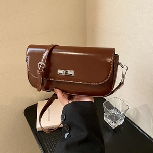 Women Retro PU Leather Baguette Bag Minimalist Shoulder Crossbody Bag With Silver Turn Lock Trendy Underarm Handbag For Daily Work