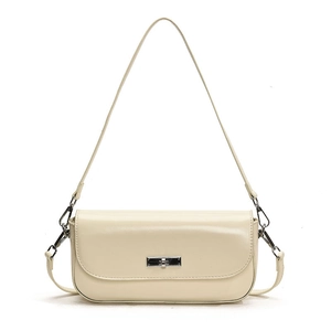 Classic beige baguette handbag with silver metallic buckle and shoulder strap for women