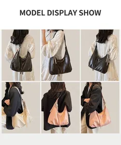 Multiple views of retro large capacity hobo bag in coffee, white and pink colors