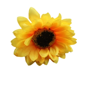 Artificial yellow sunflower napkin ring with realistic fabric petals and golden loop