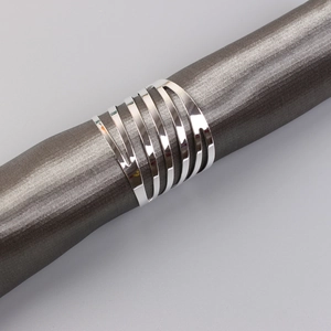 Modern hollow silver napkin ring with polished metallic stripes for wedding table decor