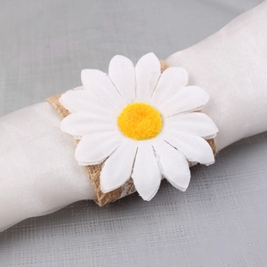 Daisy napkin ring with white fabric petals and natural burlap band for rustic table decor