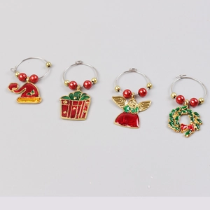 Set of 4 Christmas wine glass charms with festive charms and red gold beads