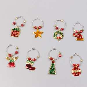 Set of 8 festive Christmas wine glass charms with alloy pendants and colorful beads