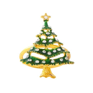 Golden Christmas tree napkin ring with green enamel and sparkling white crystals