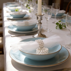 Close-up of elegant pearl napkin ring on white gauze fabric for wedding table decor