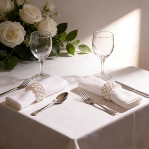 Close-up of elegant pearl and rhinestone napkin rings on a formal dinner table set