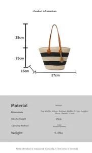 Tableau des tailles pour grand sac cabas en paille rayé avec anses en cuir marron