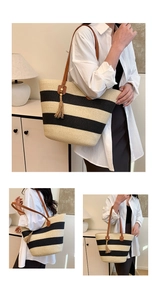 Détails du sac cabas en paille rayé avec anses en cuir et pompon décoratif
