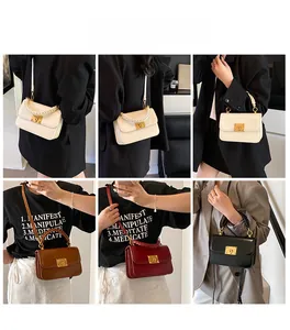 Close-up of stylish handbag with woven handle and metal twist lock in four colors